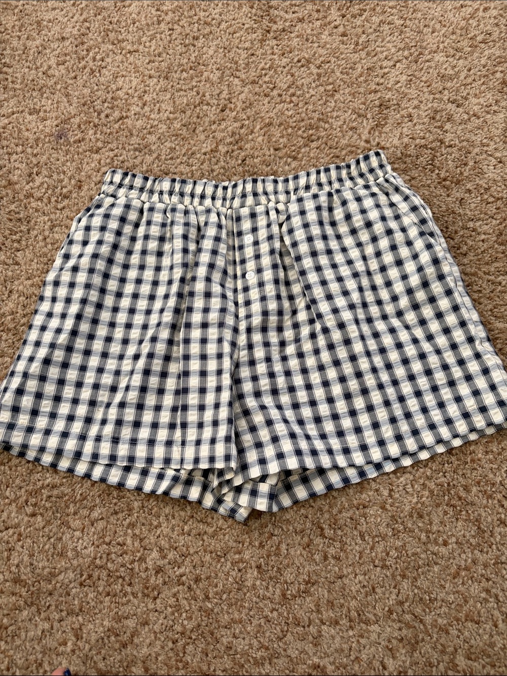 Gingham Elastic-Waist Shorts in Navy and White